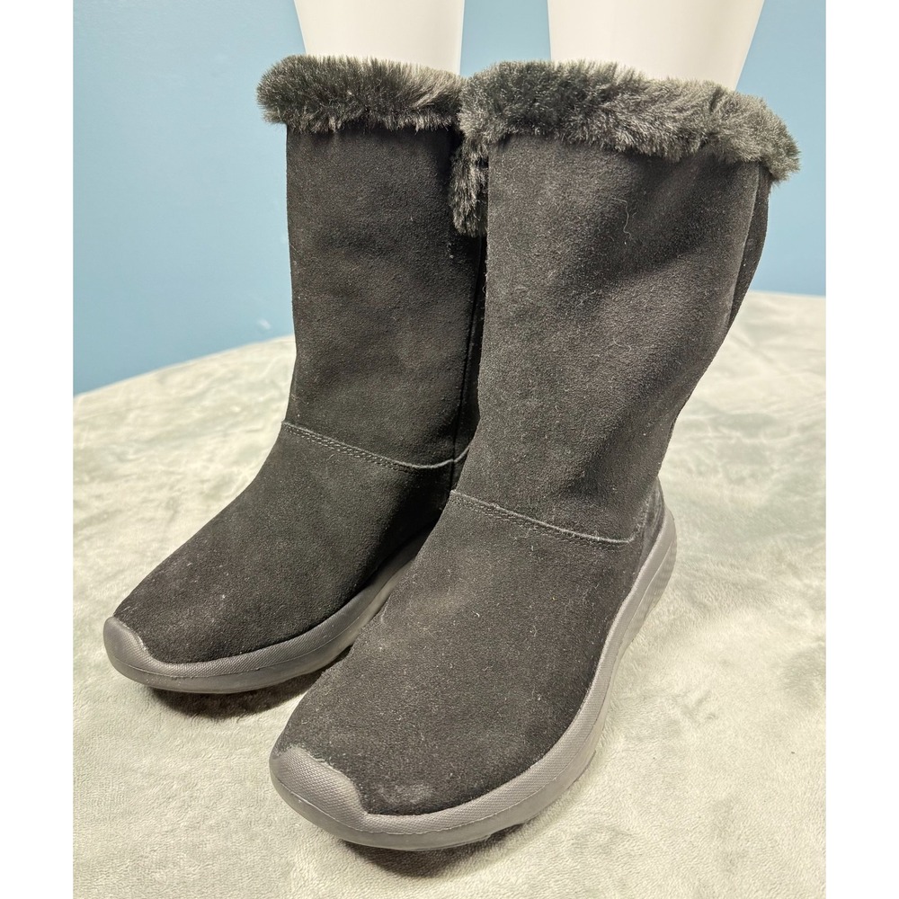 Skechers Womens Faux Suede Winter Boots Size 6 Black Faux Fur Trim Mid Calf